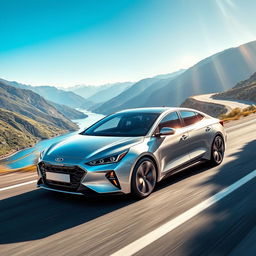 A beautifully designed vehicle merging the futuristic, aerodynamic features of the Ioniq 6 with the sleek, stylish design of the Kia K5