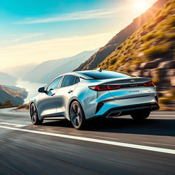 A beautifully designed vehicle merging the futuristic, aerodynamic features of the Ioniq 6 with the sleek, stylish design of the Kia K5