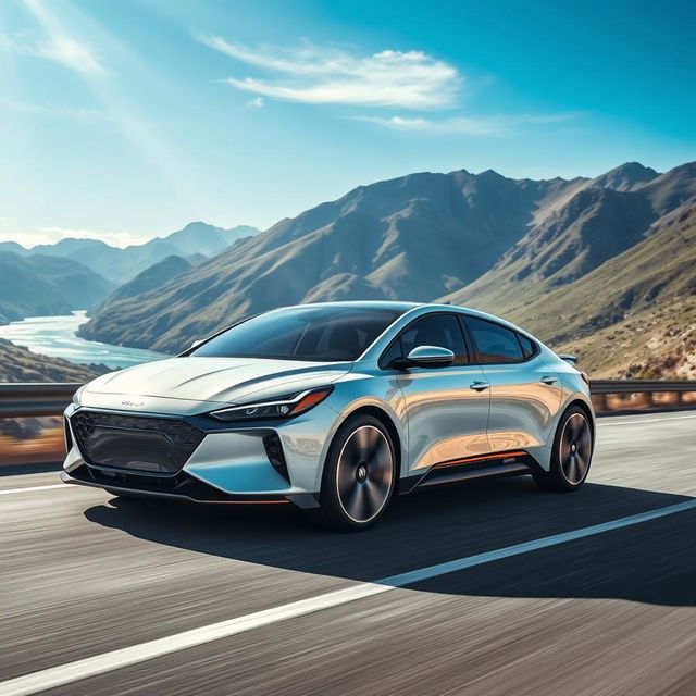 A beautifully designed vehicle merging the futuristic, aerodynamic features of the Ioniq 6 with the sleek, stylish design of the Kia K5