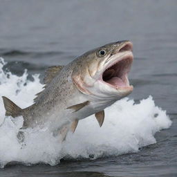 A speckled seatrout with an angry expression, bearing sharp teeth and a leaping water splash in the background.