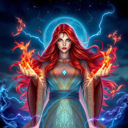 A powerful female sorcerer with vibrant red hair cascading like a river of fire, captivating blue eyes that shimmer like the ocean, adorned in elegant, enchanted robes with intricate mystical patterns glowing softly