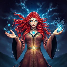 A powerful female sorcerer with vibrant red hair cascading like a river of fire, captivating blue eyes that shimmer like the ocean, adorned in elegant, enchanted robes with intricate mystical patterns glowing softly