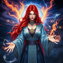 A powerful female sorcerer with vibrant red hair cascading like a river of fire, captivating blue eyes that shimmer like the ocean, adorned in elegant, enchanted robes with intricate mystical patterns glowing softly