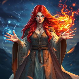 A powerful female sorcerer with vibrant red hair cascading like a river of fire, captivating blue eyes that shimmer like the ocean, adorned in elegant, enchanted robes with intricate mystical patterns glowing softly