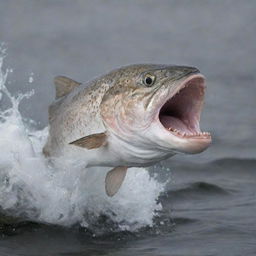 A speckled seatrout with an angry expression, bearing sharp teeth and a leaping water splash in the background.