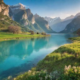 An idyllic landscape illustrating a personal heaven on earth: lush green fields, crystal-clear turquoise water, blooming flowers, majestic mountains in the background, and a beautiful sunrise casting warm, golden light across the scene.