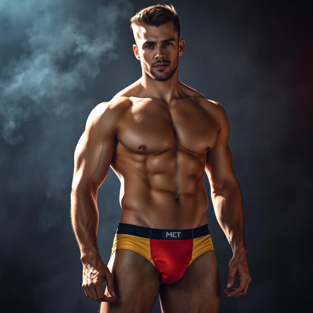 A steamy, artistic depiction of a handsome and muscular man wearing form-fitting and stylish underwear, showcasing his toned physique and confident demeanor