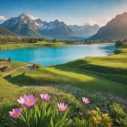 An idyllic landscape illustrating a personal heaven on earth: lush green fields, crystal-clear turquoise water, blooming flowers, majestic mountains in the background, and a beautiful sunrise casting warm, golden light across the scene.