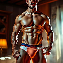 A steamy, artistic depiction of a handsome and muscular man wearing form-fitting and stylish underwear, showcasing his toned physique and confident demeanor