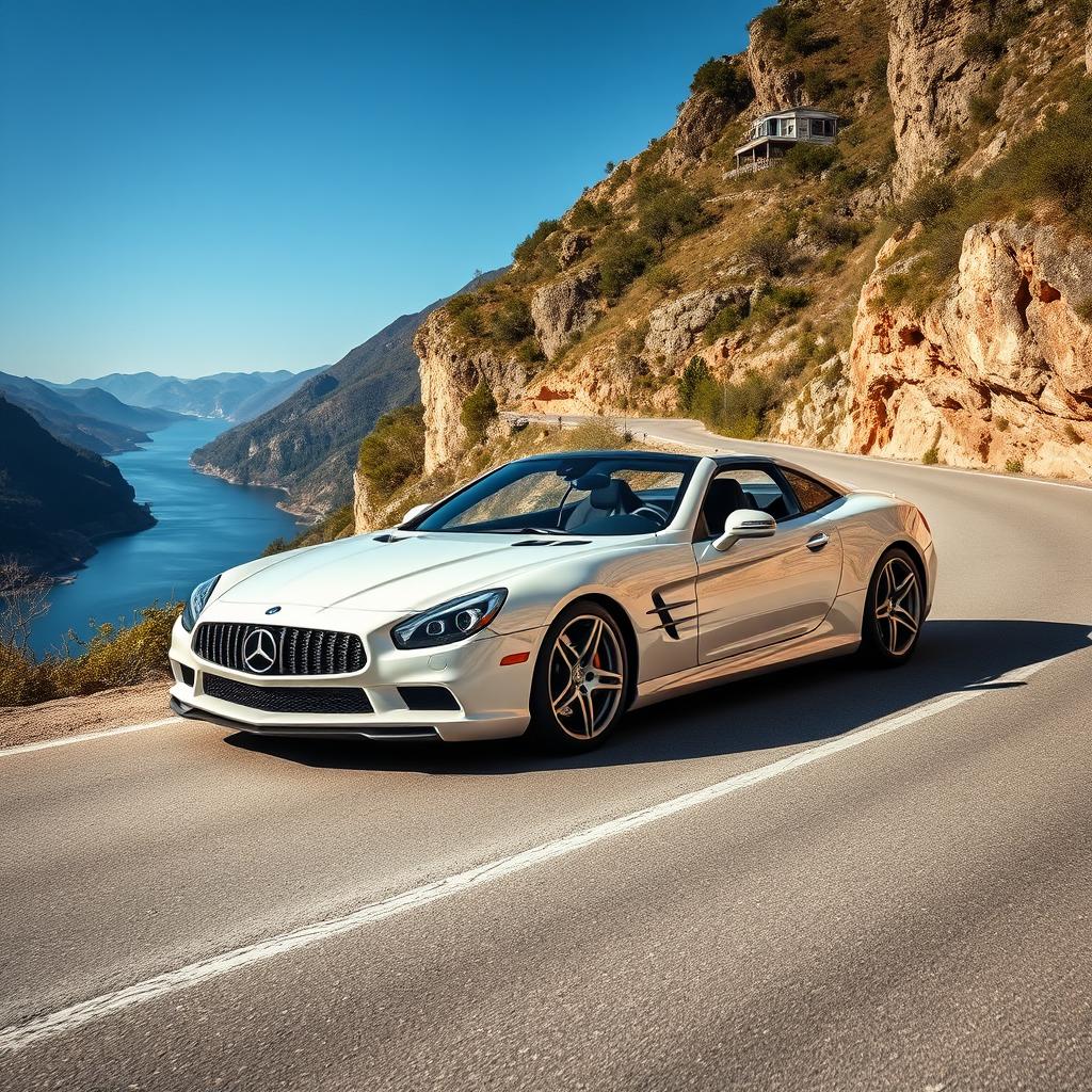 A captivating hybrid car that combines the muscular, aggressive front design of the 2002 Camaro SS with the sleek and luxurious body of a Mercedes AMG SL63