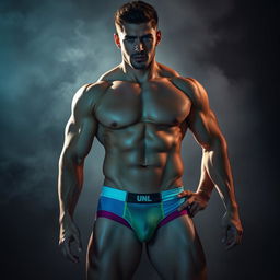 A steamy, artistic depiction of a handsome and muscular man wearing form-fitting and stylish underwear, showcasing his toned physique and confident demeanor