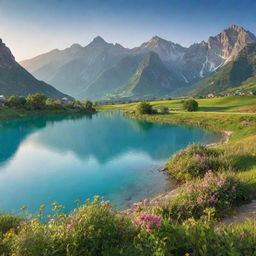 An idyllic landscape illustrating a personal heaven on earth: lush green fields, crystal-clear turquoise water, blooming flowers, majestic mountains in the background, and a beautiful sunrise casting warm, golden light across the scene.