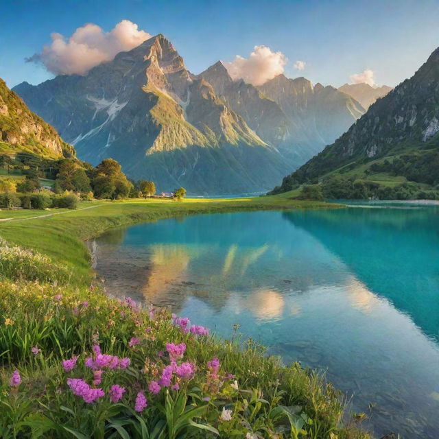 An idyllic landscape illustrating a personal heaven on earth: lush green fields, crystal-clear turquoise water, blooming flowers, majestic mountains in the background, and a beautiful sunrise casting warm, golden light across the scene.