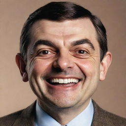 An illustration of Mr. Bean exhibiting a wide smile, showcasing a playful yet slightly unhinged expression.