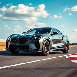 An innovative hybrid vehicle blending the sleek and sporty design of the Corvette C8 with the rugged, luxurious feel of a BMW X6, yet featuring a distinctly custom front without the traditional kidney grill