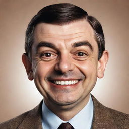 An illustration of Mr. Bean exhibiting a wide smile, showcasing a playful yet slightly unhinged expression.