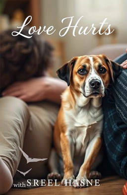 Book cover titled 'Love Hurts', featuring a soulful, expressive dog sitting attentively beside its grieving owner