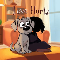 Book cover titled 'Love Hurts', featuring a semi-cartoon, semi-realistic dog sitting beside its grieving owner