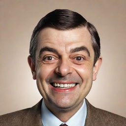 An illustration of Mr. Bean exhibiting a wide smile, showcasing a playful yet slightly unhinged expression.