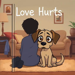 Book cover titled 'Love Hurts', featuring a semi-cartoon, semi-realistic dog sitting beside its grieving owner