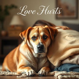 Book cover titled 'Love Hurts', showcasing an empathetic dog sitting close to its grieving owner