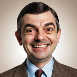 An illustration of Mr. Bean exhibiting a wide smile, showcasing a playful yet slightly unhinged expression.