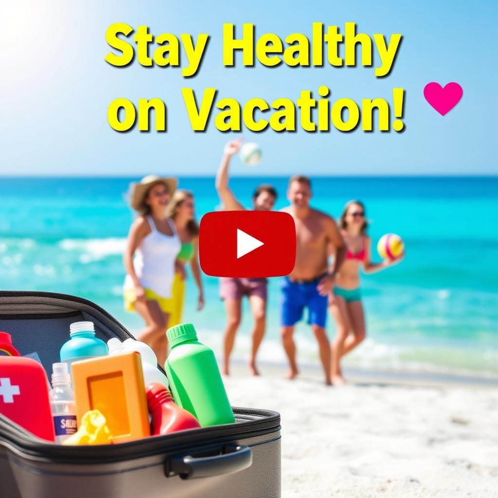 A YouTube thumbnail illustrating the theme of health while traveling on vacation