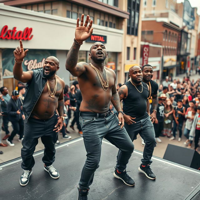 Full body shot of a black baldheaded rap group performing energetically on stage atop Coliseum Mall, Jamaica Ave, South Jamaica, Queens, New York