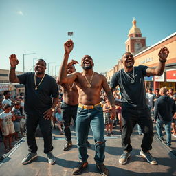 Full body shot of a black baldheaded rap group performing energetically on stage atop Coliseum Mall, Jamaica Ave, South Jamaica, Queens, New York