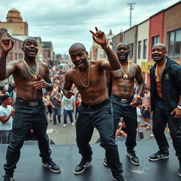 Full body shot of a black baldheaded rap group performing energetically on stage atop Coliseum Mall, Jamaica Ave, South Jamaica, Queens, New York