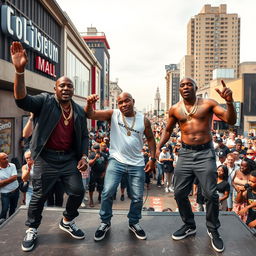 Full body shot of a black baldheaded rap group performing energetically on stage atop Coliseum Mall, Jamaica Ave, South Jamaica, Queens, New York