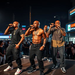 Full body shot of a dynamic black baldheaded rap group performing energetically on stage at night atop Coliseum Mall, Jamaica Ave, South Jamaica, Queens, New York