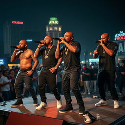 Full body shot of a dynamic black baldheaded rap group performing energetically on stage at night atop Coliseum Mall, Jamaica Ave, South Jamaica, Queens, New York