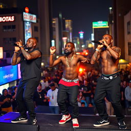 Full body shot of a dynamic black baldheaded rap group performing energetically on stage at night atop Coliseum Mall, Jamaica Ave, South Jamaica, Queens, New York