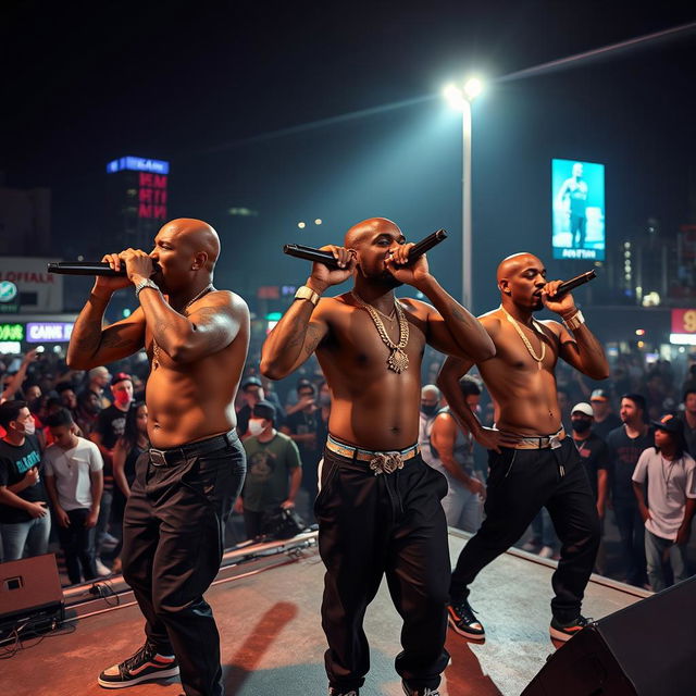 Full body shot of a dynamic black baldheaded rap group performing energetically on stage at night atop Coliseum Mall, Jamaica Ave, South Jamaica, Queens, New York