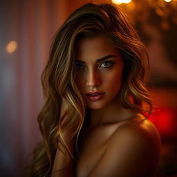 A sensually lit environment showing an adult woman with long wavy hair in an intimate and suggestive pose