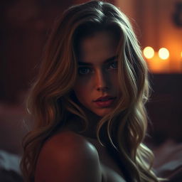 A sensually lit environment showing an adult woman with long wavy hair in an intimate and suggestive pose