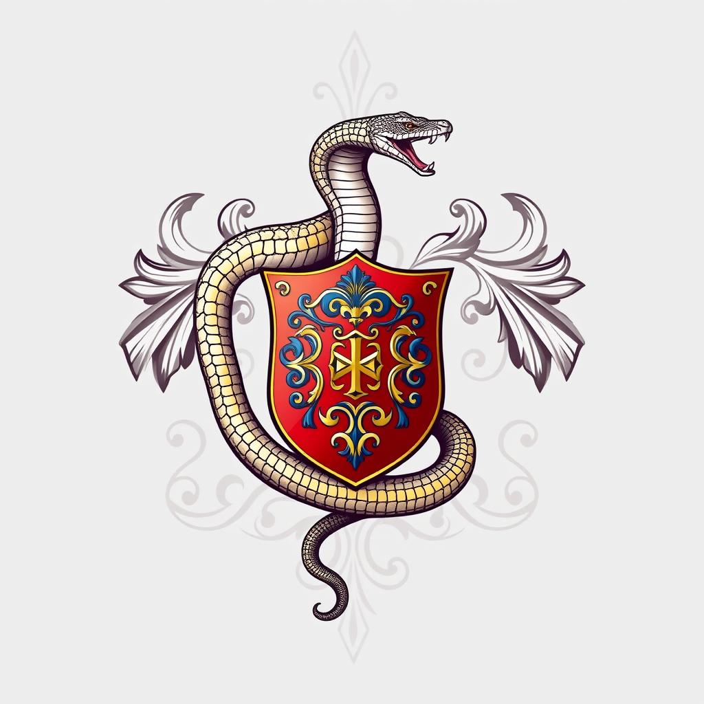 A sophisticated coat of arms featuring a detailed, elegant snake winding around a central, ornate shield