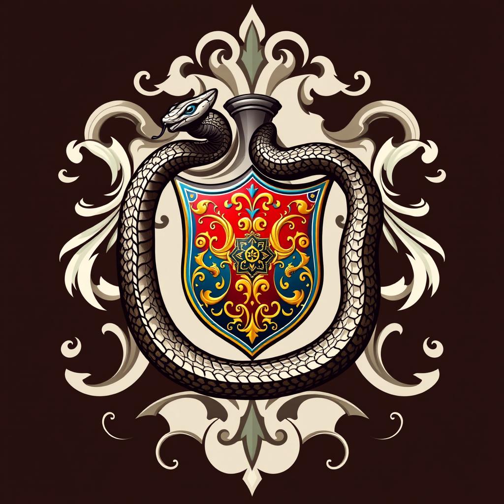 A sophisticated coat of arms featuring a detailed, elegant snake winding around a central, ornate shield