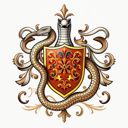 A sophisticated coat of arms featuring a detailed, elegant snake winding around a central, ornate shield