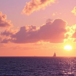 A serene landscape of a purple sunset over a tranquil ocean, with the reflection of the sun on the water creating a dazzling effect