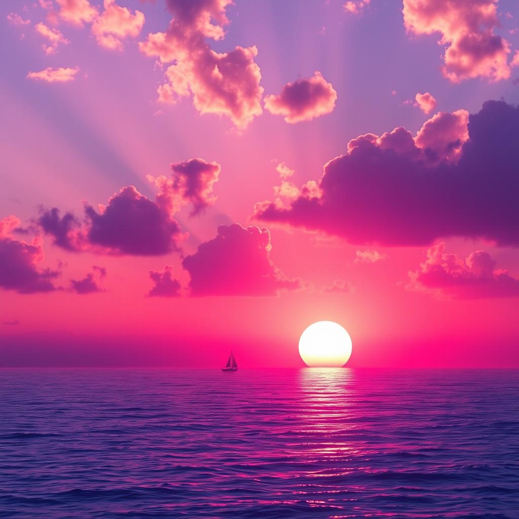 A serene landscape of a purple sunset over a tranquil ocean, with the reflection of the sun on the water creating a dazzling effect