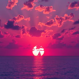 A serene landscape of a purple sunset over a tranquil ocean, with the reflection of the sun on the water creating a dazzling effect