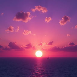 A serene landscape of a purple sunset over a tranquil ocean, with the reflection of the sun on the water creating a dazzling effect