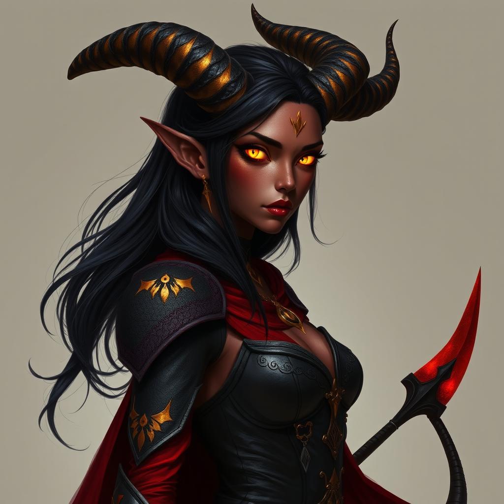 A Tiefling sorceress with dusky crimson skin, adorned with faint patches of golden scales along her arms and shoulders