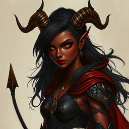 A Tiefling sorceress with dusky crimson skin, adorned with faint patches of golden scales along her arms and shoulders