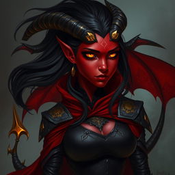 A Tiefling sorceress with dusky crimson skin, adorned with faint patches of golden scales along her arms and shoulders