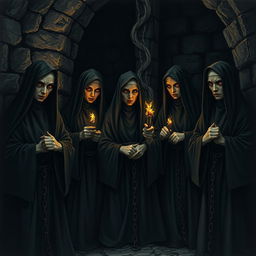 A group of dark nuns, cloaked in shadowy, tight-fitting robes, are chained in a dimly lit dungeon