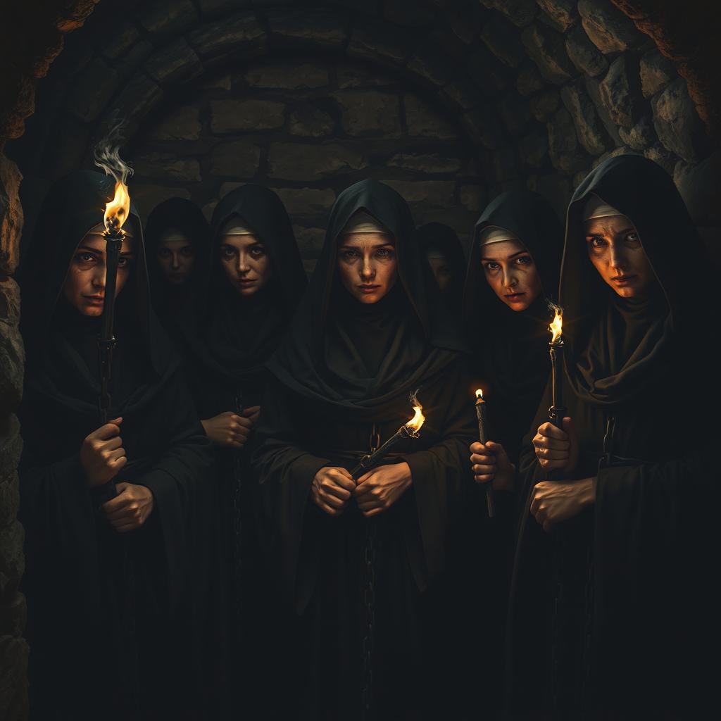 A group of dark nuns, cloaked in shadowy, tight-fitting robes, are chained in a dimly lit dungeon