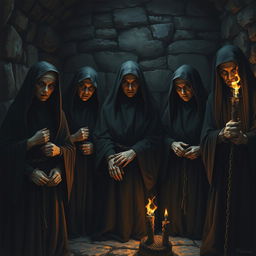 A group of dark nuns, cloaked in shadowy, tight-fitting robes, are chained in a dimly lit dungeon